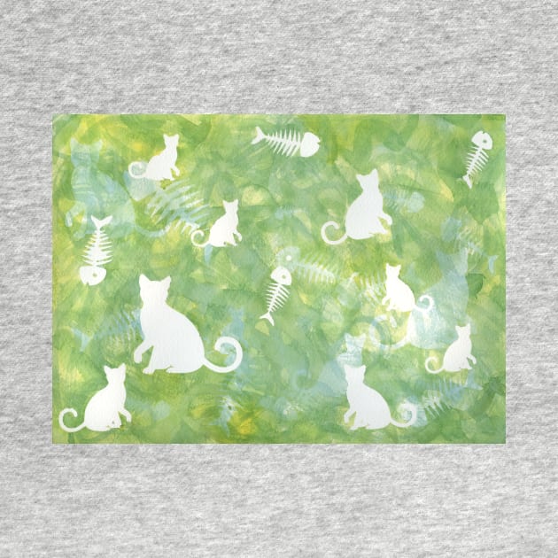 Green Watercolor Cat and Fish Bone Painting by gloobella